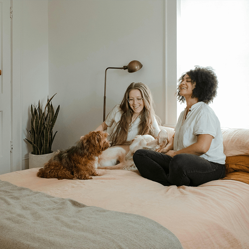 Two female freinds and their 2 dogs laughing. 