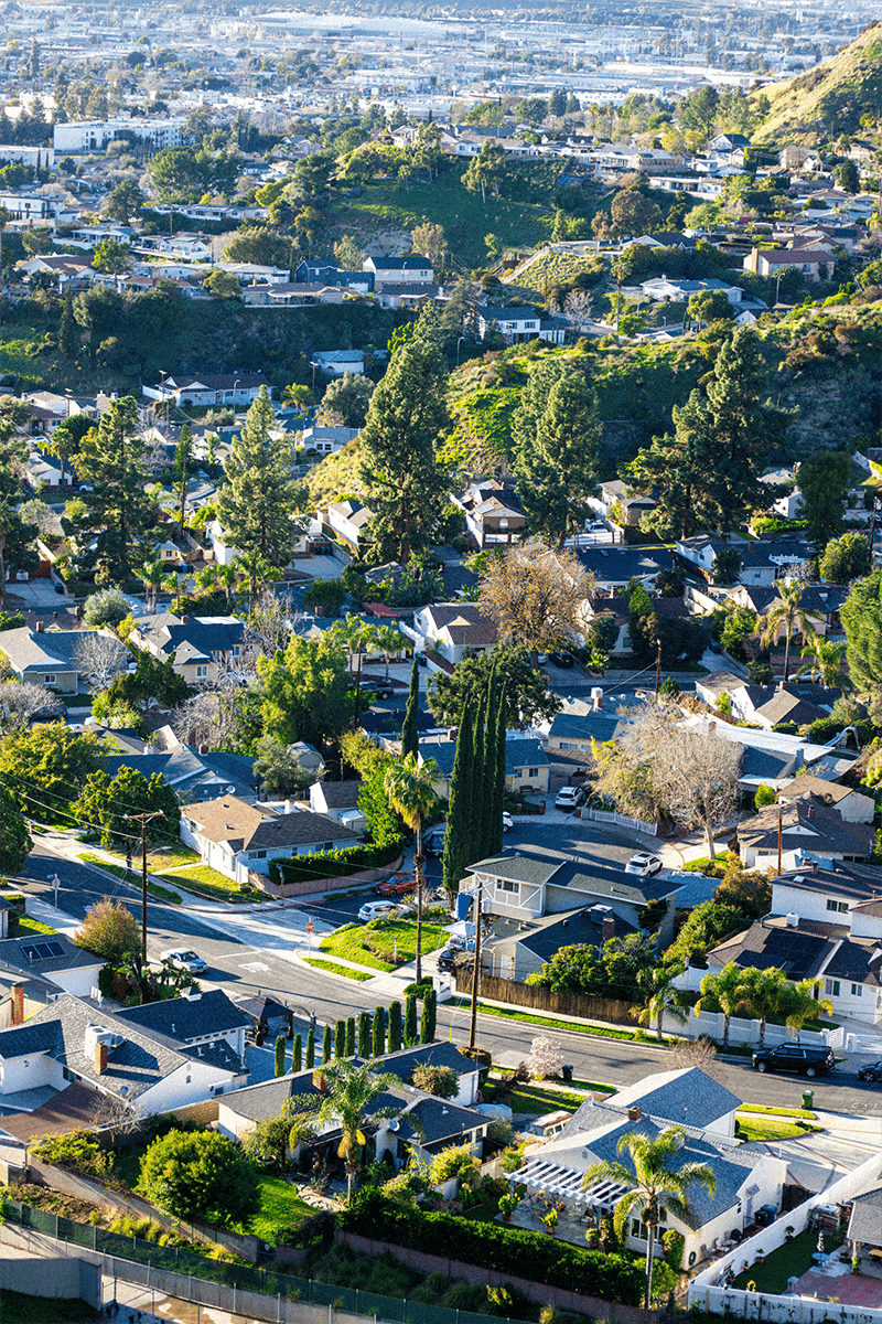 Neighborhood with houses trees and mountains.